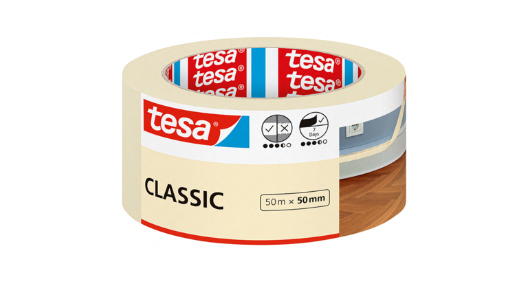 tesa® Malerband Classic, 50m x 50mm, ein weißes Band auf einer rundlichen Verpackung